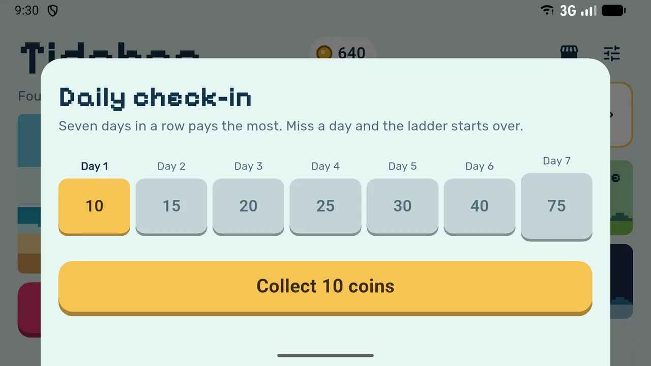 Tidehop's daily check-in ladder from 10 to 75 coins.