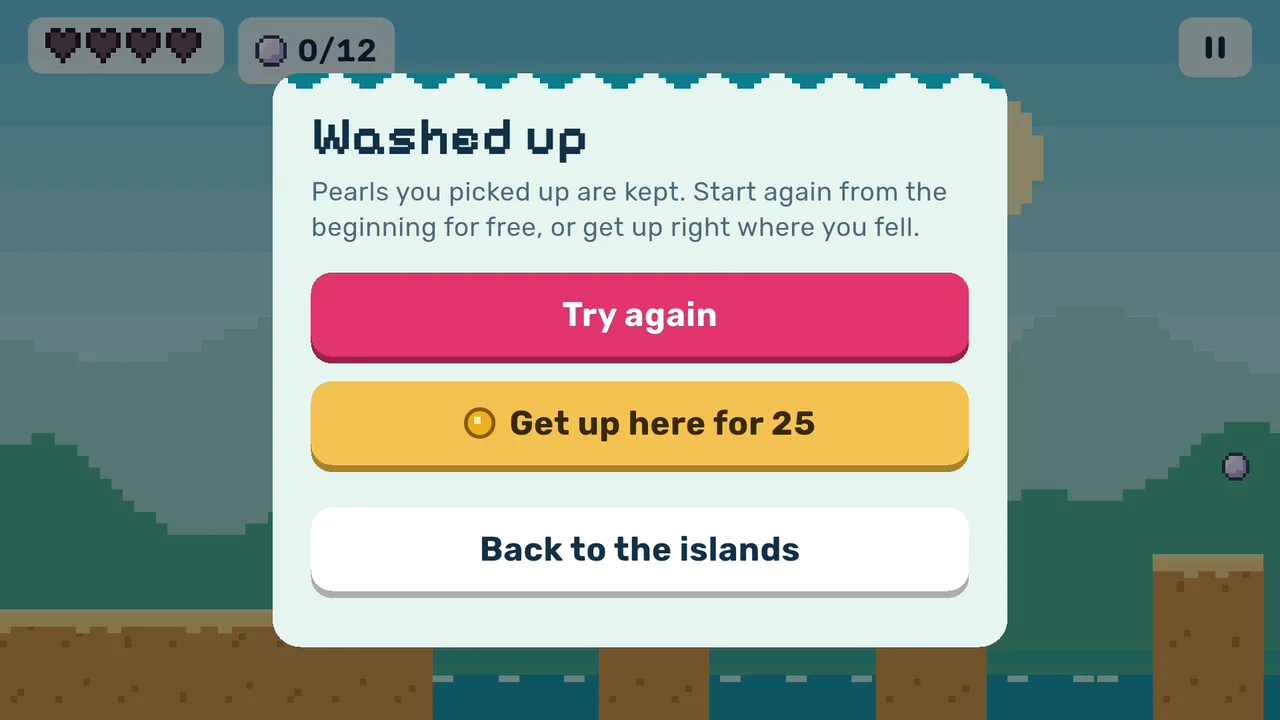 Tidehop's Washed up panel: try again from the flag for free, or get up where you fell.